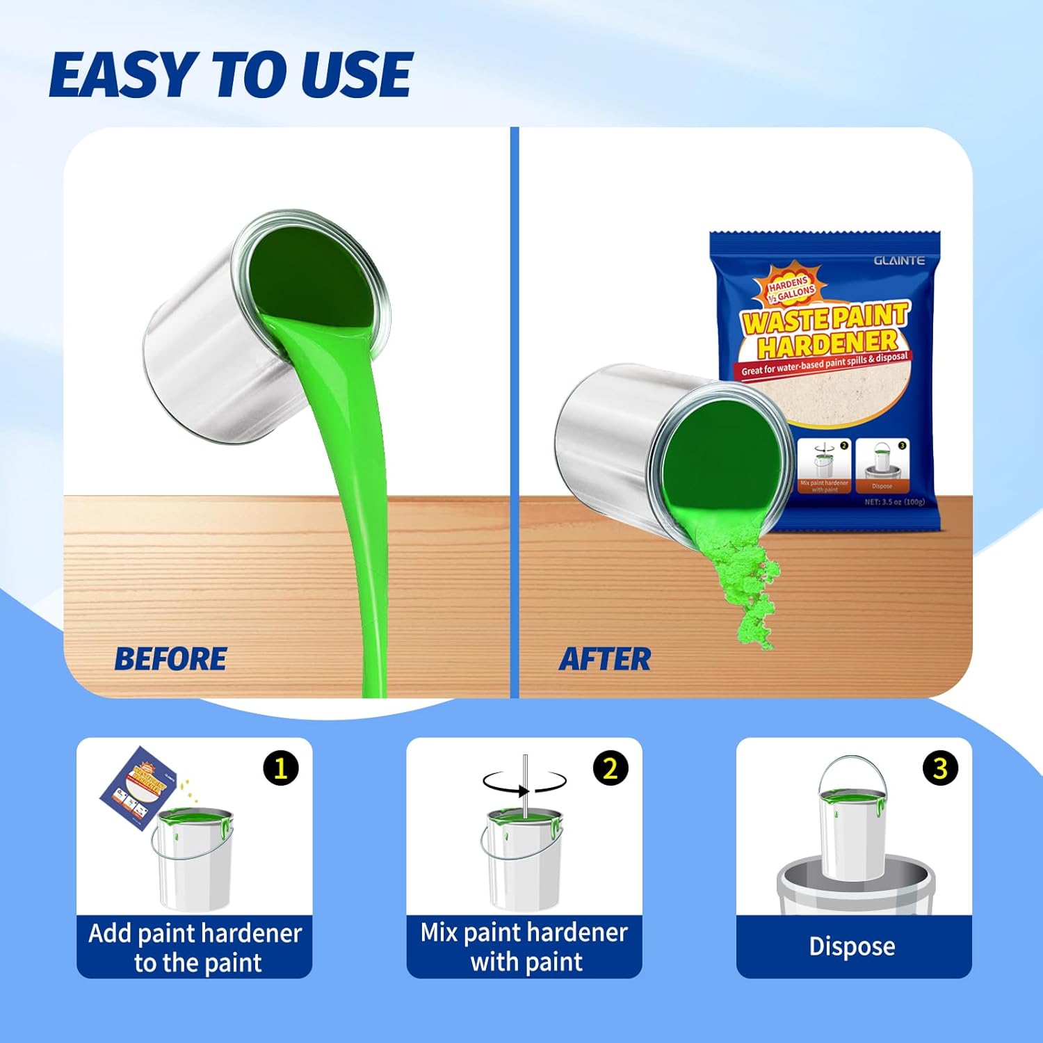 GLAINTE Waste Away Paint Hardener 12 Packs, 3.5oz - Fast Acting Solid Hardener - Drying Powder for Water-based Paint with 15 Pcs Wooden Stir Sticks