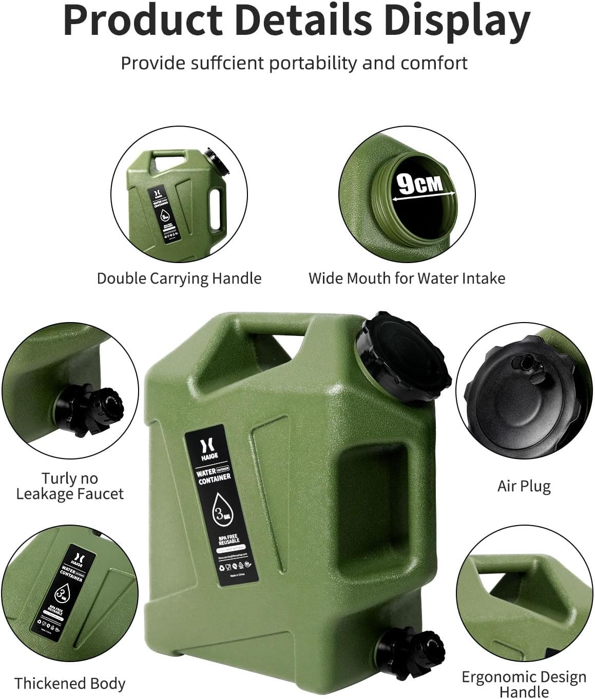 HAIGE 3.2 Gallon Water Container with Spigot, Heavy-Duty Portable Water Jug with Dual Handles, BPA-Free Camping Water Storage for Outdoor, Car Travel, Emergency, Home Drinking & Party Cold Drinks