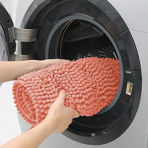 Miniatura 6 de ACCUMTEK - Juego de 3 piezas de alfombra de baño de coral a rayas, ultrasuave, antideslizante de chenilla, alfombrilla de inodoro absorbente,