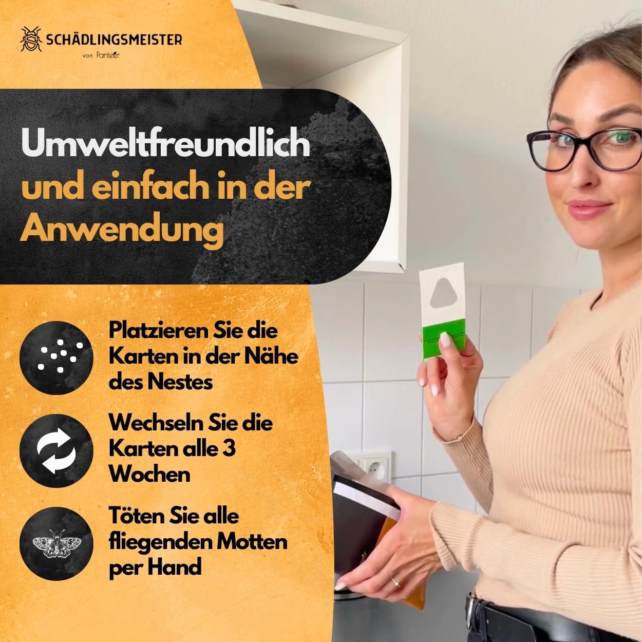 Panteer® Schlupfwespen gegen Lebensmittelmotten + GRATIS Mottenfalle - 12 Karten (4 Karten à 3 Lieferungen) - Schlupfwespen - Lebensmittelmotten Falle - Schlupfwespen gegen Motten - Made in Germany
