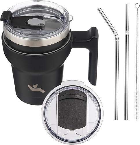 Vaso con asa de acero inoxidable con aislamiento térmico al vacío, con 2 popotes y 2 tapas, reutilizable, de 10 onzas, color negro