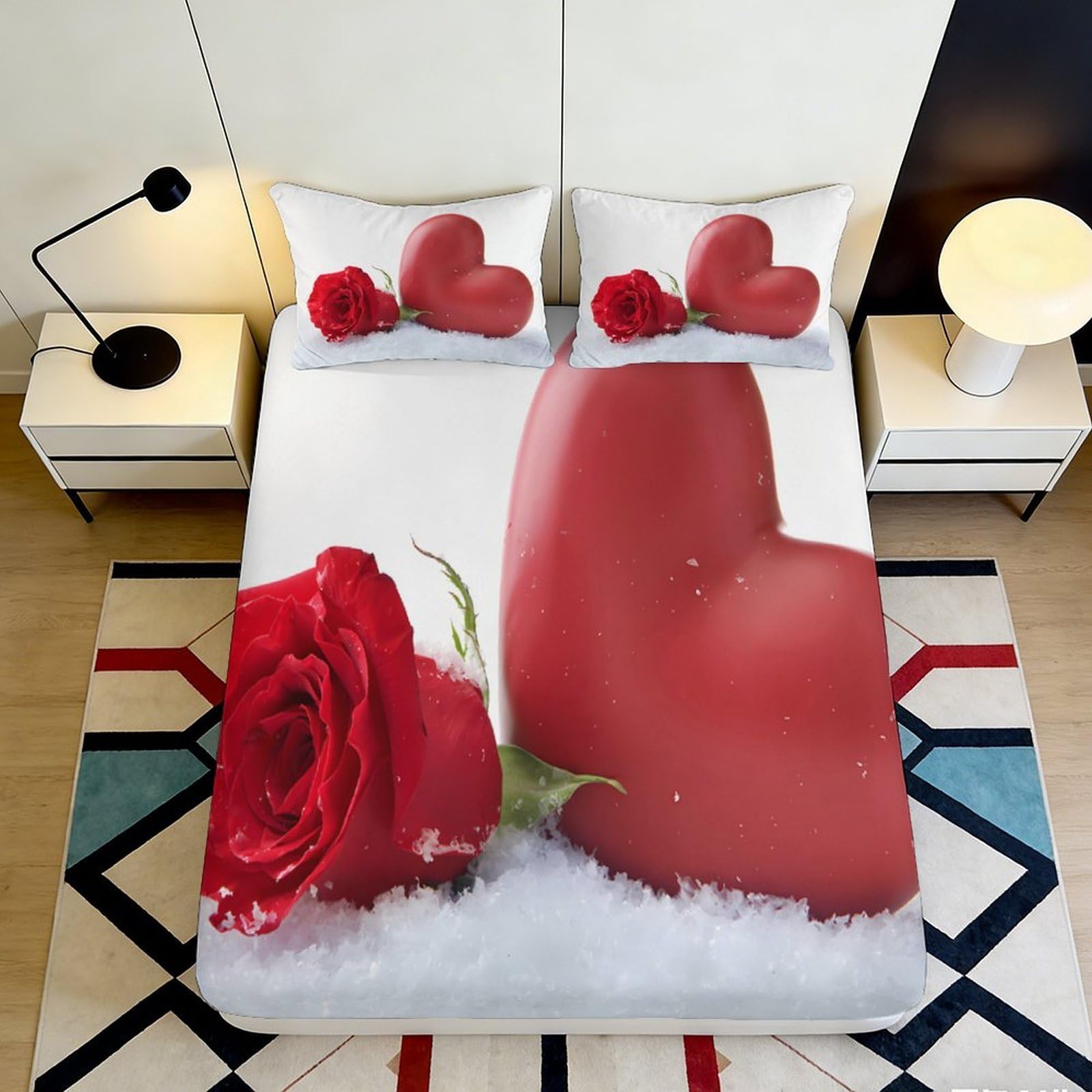 3D Printed Red Heart and Rose Fitted Sheet Microfiber Soft Breathable Romantic Bed Cover for Bedroom Dormitory Guest Room Mattress Protection 160x200x25cm