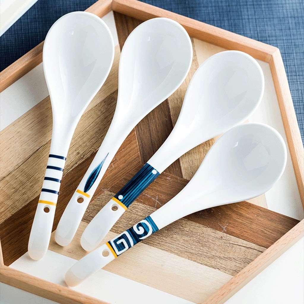 Spoon Table Spoons Ceramic Long Handle Hook Soup Spoon Japanese Style Kitchen Utensil Spoon Cooking Spoon Pasta Spoon Four-Piece Spoons for Home, Kitchen Or Restaurant (C)