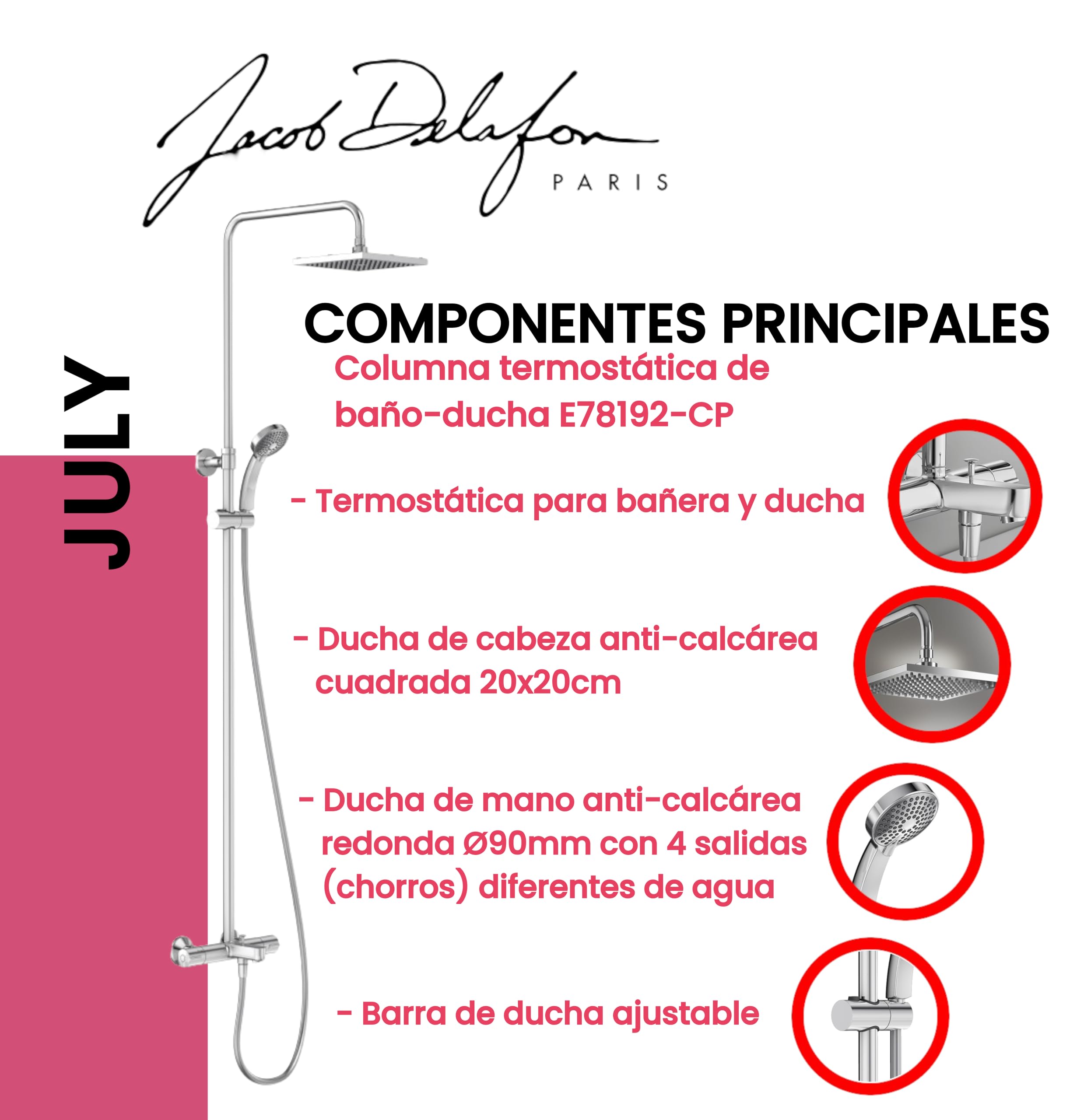 JACOB DELAFON Columna termostática de baño-ducha Cabezal cuadrado efecto lluvia Ducha de mano con 4 funciones Altura ajustable Latón Cromado JULY E78192-CP