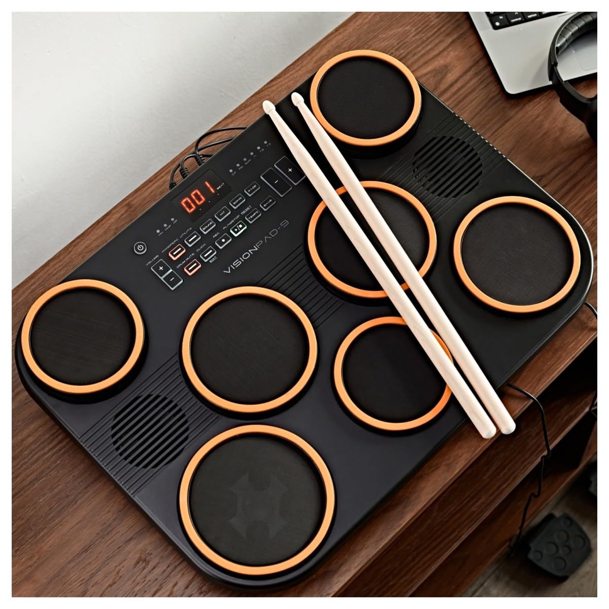 VISIONPAD-9 Batería Electrónica de Sobremesa Tambor Digital de Malla Portátil - Bateria Electrica Compacta con 7 Pads, 2 Pedales y Baquetas - Electronic Drum Kit Negro