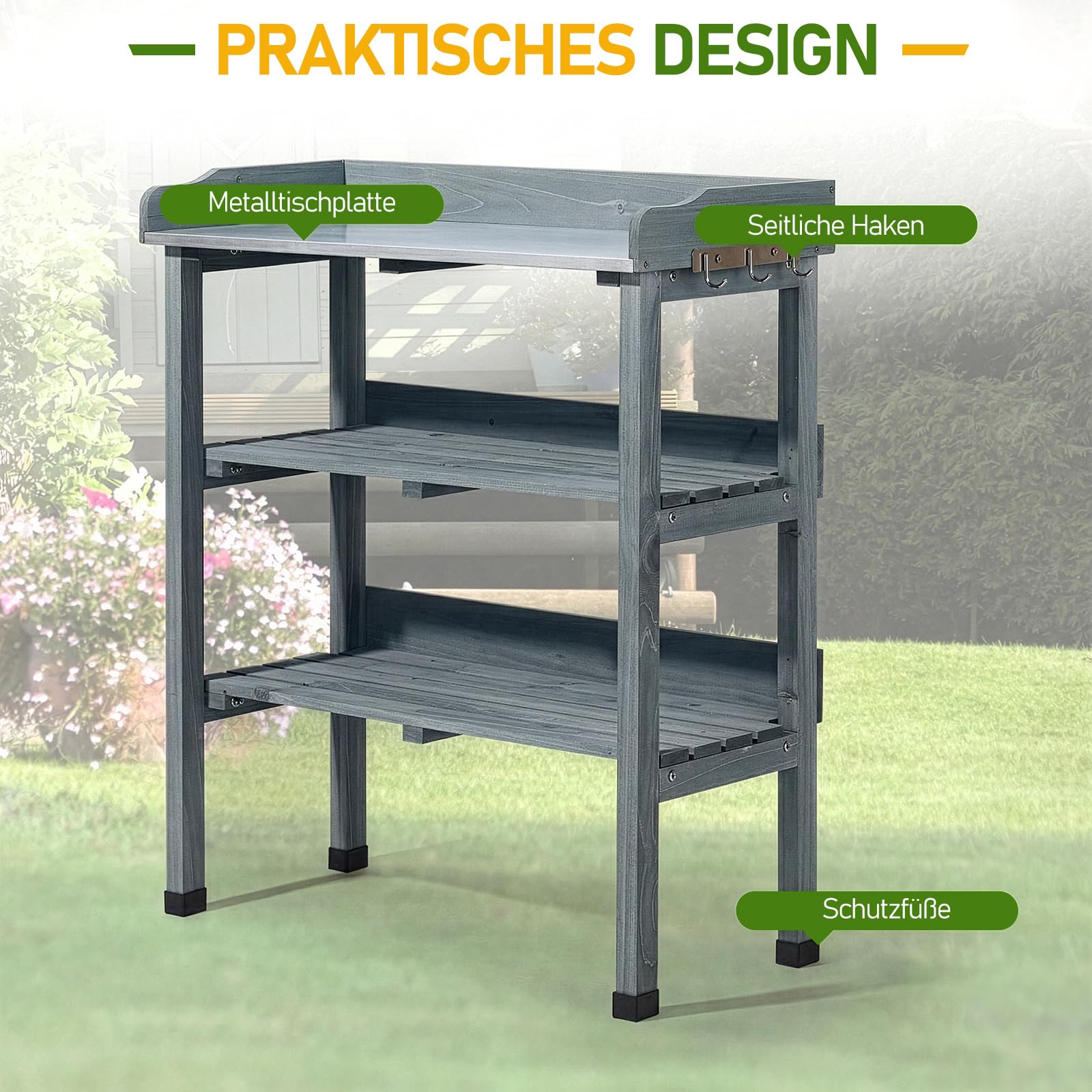 LEADZM Pflanztisch Outdoor wetterfest 74 x 36 x 90 cm - Verzinkte Arbeitsplatte, zweistufiges Regal und 3 Haken, pflanztisch für Garten/Balkon/Terrasse (Grau)