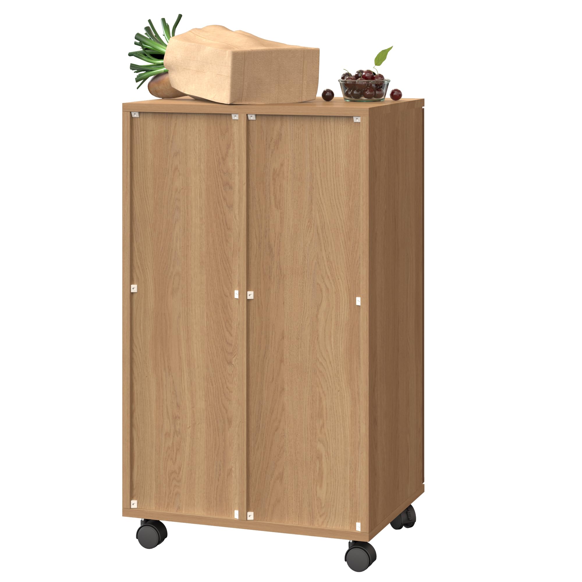 Mülleimer Schrank Küche, Mülleimer mit Rollen, Küchenschrank mit Mülltrennsystem, Mülltrennsystem 2 fach, Univeralschrank in Hellholz-Optik, Recyclingschrank (Naturholzfarbe, 46,7x35x80cm)
