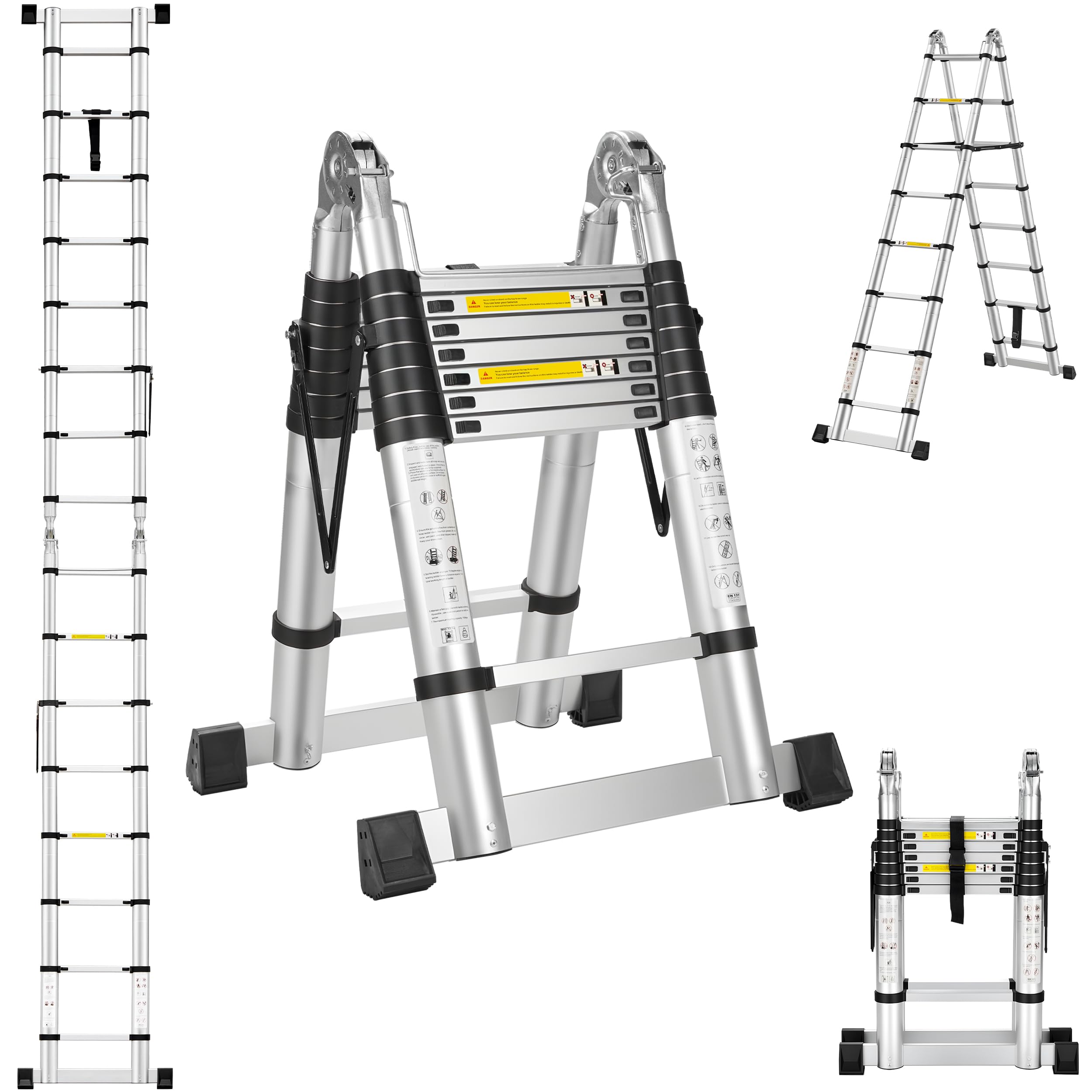 STANEW 5 M (2,5 + 2,5 M) Escalera telescópica Plegable de Aluminio, Escalera Extensible 2 en 1, Plegable Antideslizante Extensible multifunción con con 2 Barra Estabilizadora,150 KG