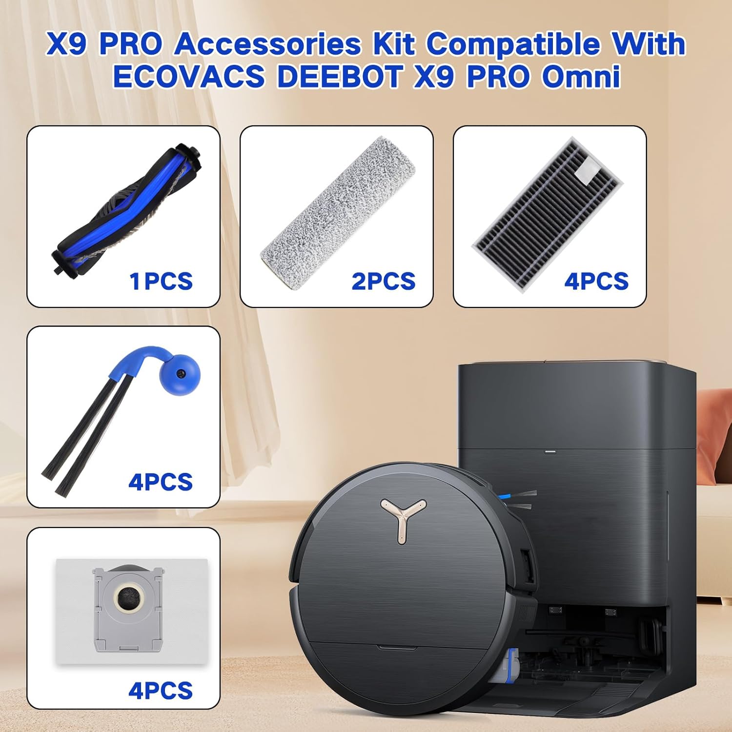 X9 Pro Omni Replacement Parts Compatible with ECOVACS DEEBOT X9 Pro Omni Robot Vacuum Cleaner Accessories,1 Main Brush, 2 Mop Roller Brush, 4 Side Brushes, 4 HEPA Filters, 4 Dust Bags, 2 Tool