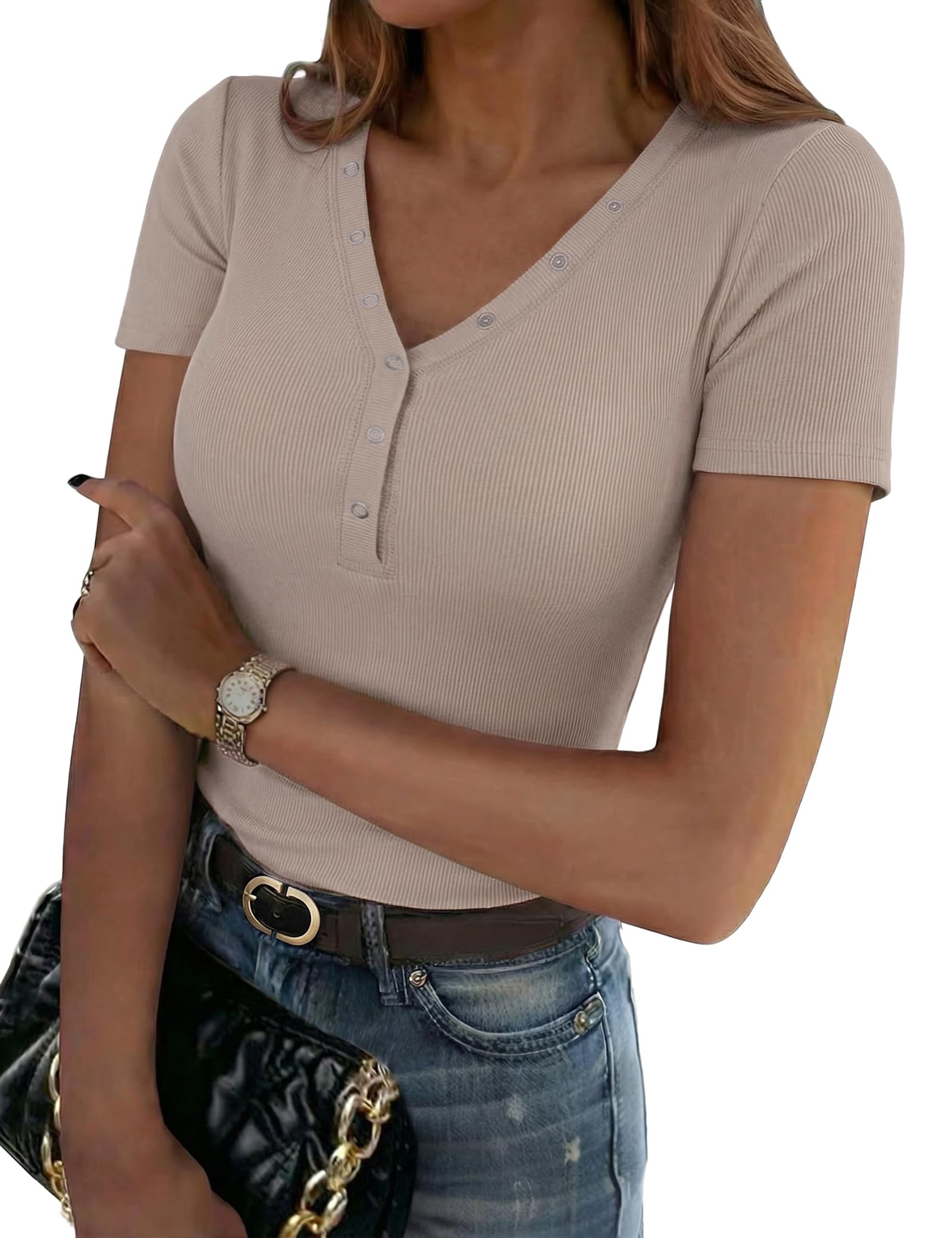 Aottori T-Shirt Damen V-Ausschnitt mit Knöpfen Oberteile Kurzarm Sommer Gerippt Tee Shirts Elegant Slim Fit Tshirt Stretch Casual Basic Tops Einfarbig