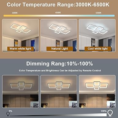 Mckalen Led-plafondlamp, dimbaar, modern, 62 cm, 54 W, 5400 lm, plafondlamp, woonkamer, met afstandsbediening/PP 3000 K-6500 K, 4 vierkant, wit, plafondlamp, acryl, voor keuken, slaapkamer, eetkamer photo 2