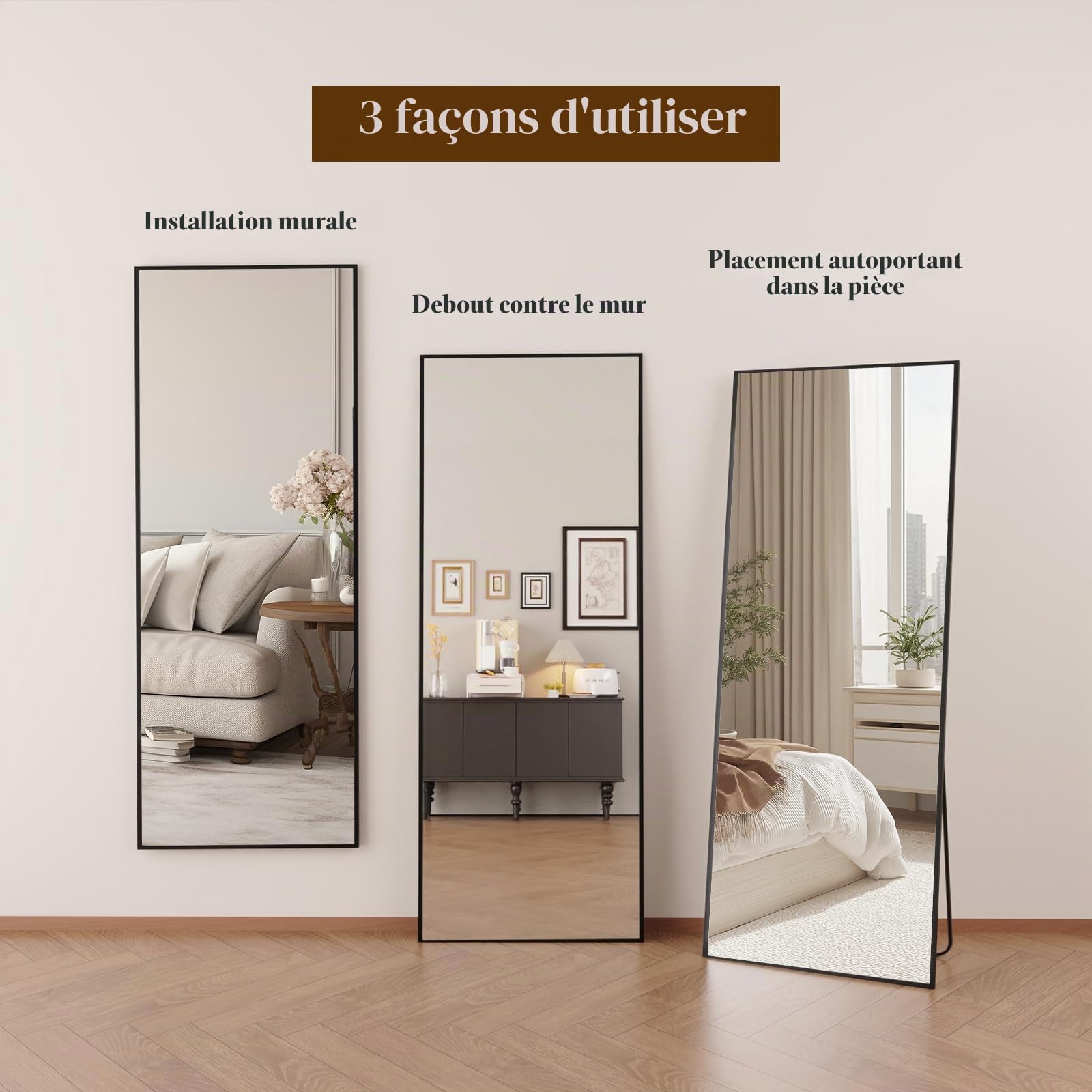 161x 52 cm Miroir sur Pied, Grand Miroir Intégral, Noir