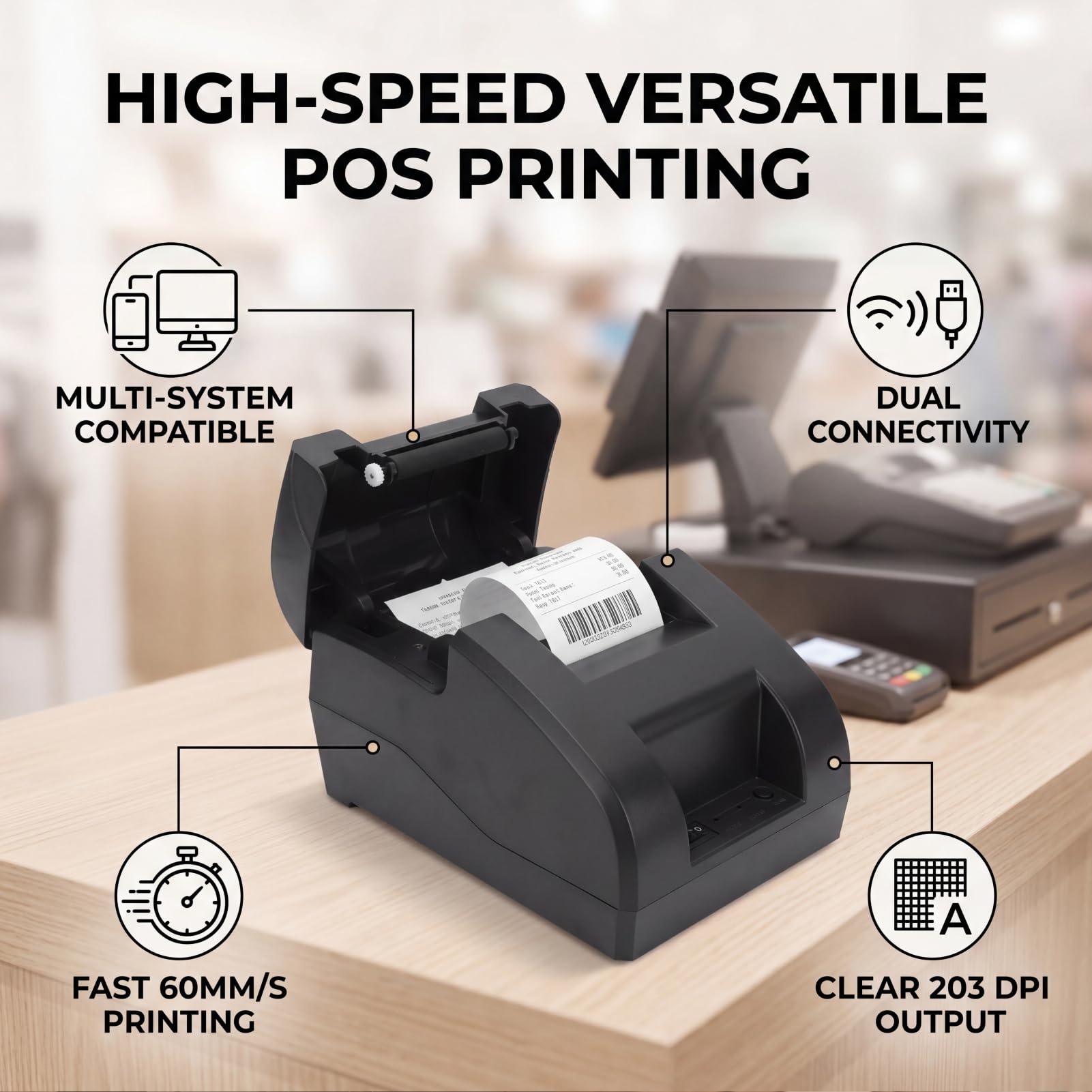 XUMIUZIY Thermo Belegdrucker, 58 Mm, 203 DPI, Hochgeschwindigkeitsdruck, Thermo POS Drucker, USB oder Bluetooth Verbindung, Unterstützt Mehrere Systeme, für Kleine Unternehmen, Büros, (EU-Stecker)