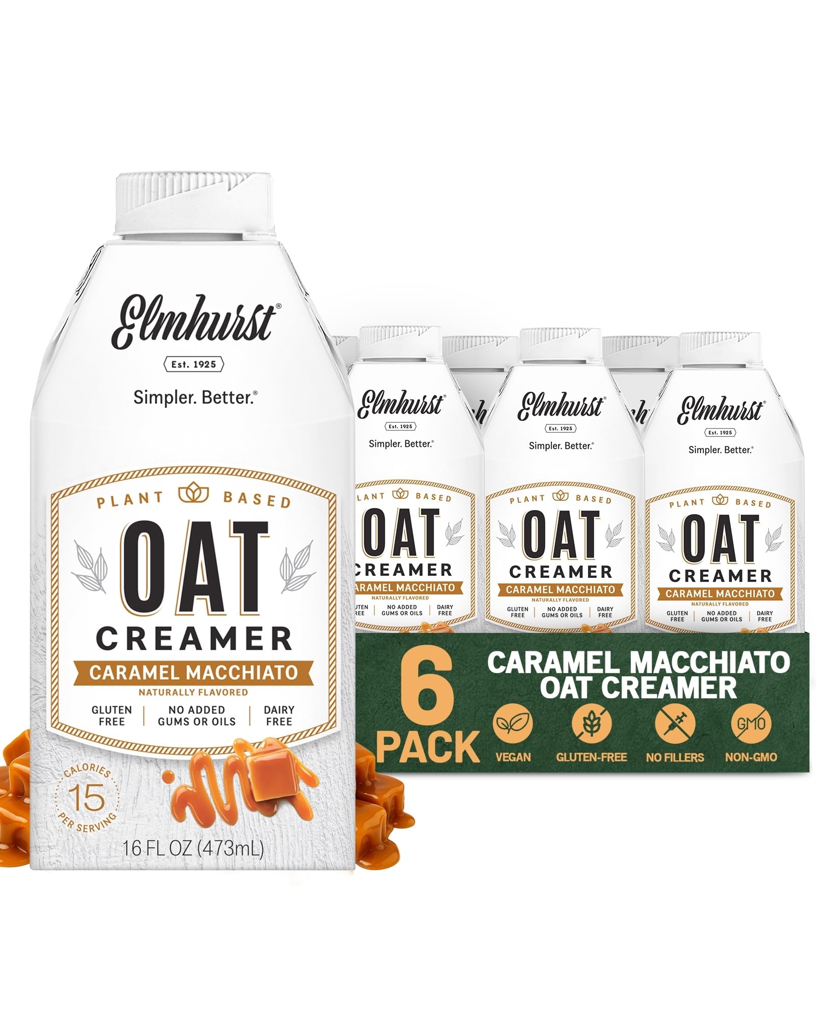 Elmhurst1925 Caramel Macchiato Oat Creamer - 16 Ounce (Pack of 6) Dairy-Free, Vegan, Kosher, Low Sugar, Shelf Stable Creamer Made with Oat Grains & Caramel for Simpler Plant Based Alternatives