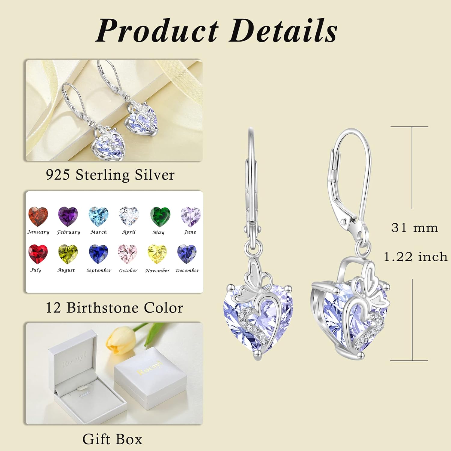 Butterfly Dangle Drop Earrings for Women 925 Sterling Silver Birthstone Earrings Love Heart Leverback Jewelry for Women