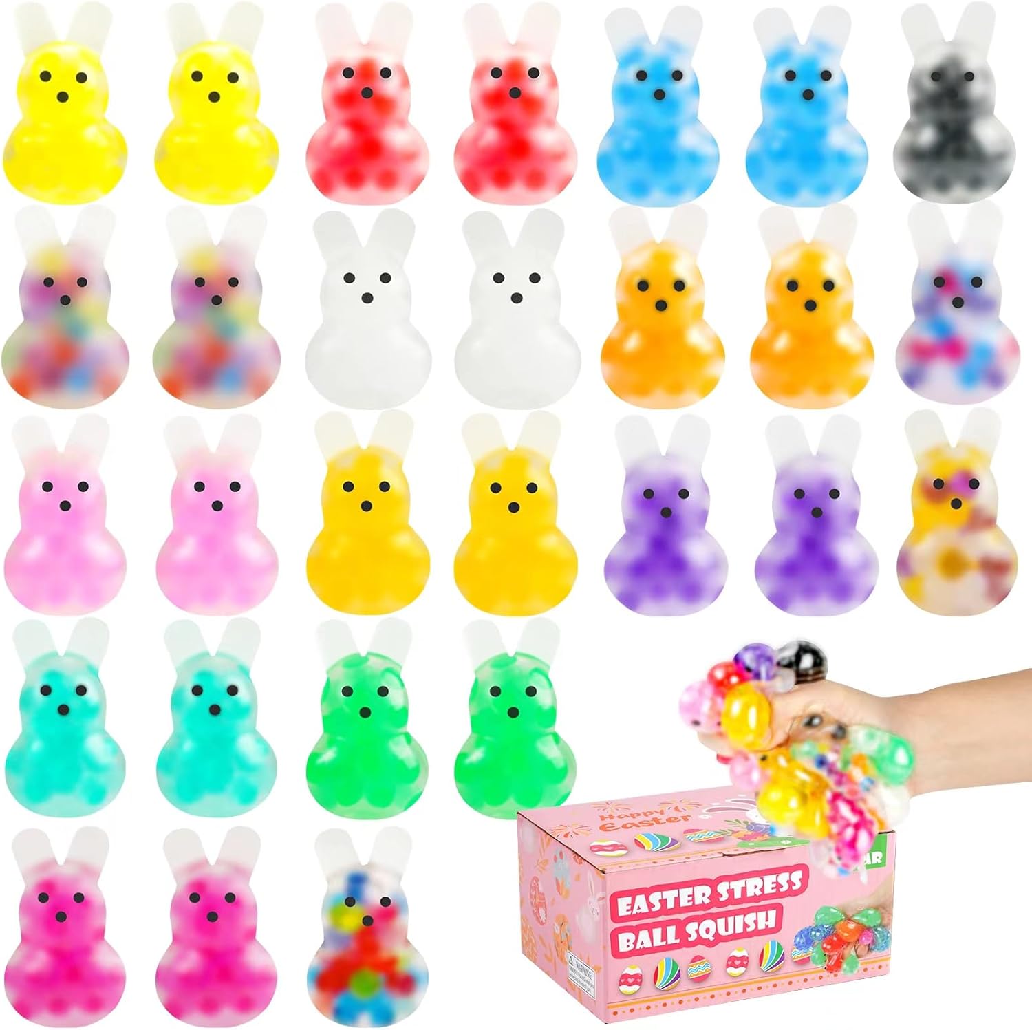 28Pcs Easter Bunny Stress Balls,Easter Basket Stuffers,Adult Rabbits Feel Pressure Ball,Colorful Squid Rabbit Ball Sensory Toy,Easter Gifts Party Favors Creative Gift