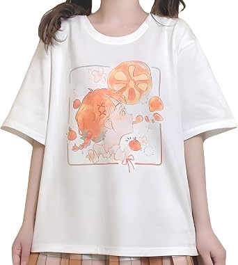 Kawaii Harajuku Crewneck Cute Cartoon Orange Girl Print T-Shirt | Cutecore, Vintage Casual Style, Streetwear, Athleisure, Cotton Materials, Loose Fit, Short Sleeve, For Women Daily Wear