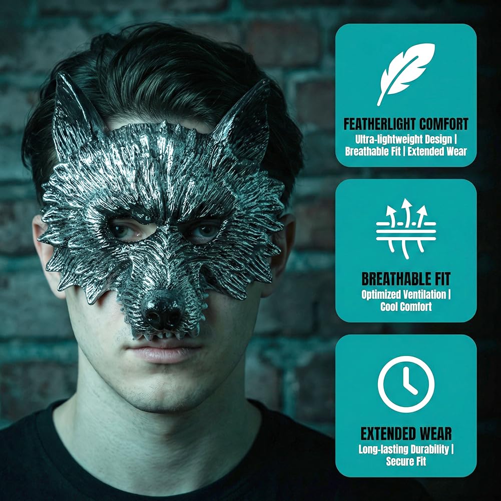HATFRYF Wolf Masquerade Mask, Silver Gold Wolf Head Mask, Vintage Funny Animal Wolves Head Masks - Image 4