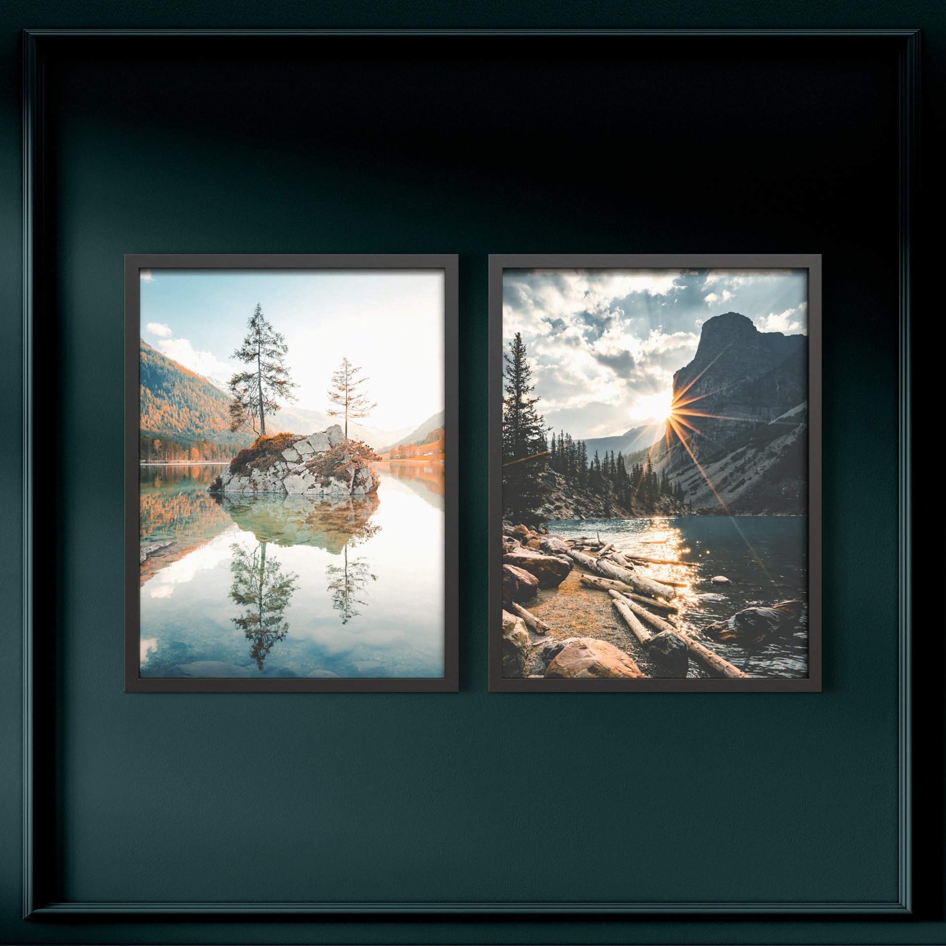 STYLER Lot de 2 images 30 x 40 cm (prêt à suspendre) avec cadre de qualité supérieure - Paysages naturels pour salon et chambre à coucher - Rivière, lac, paysage naturel, montagnes