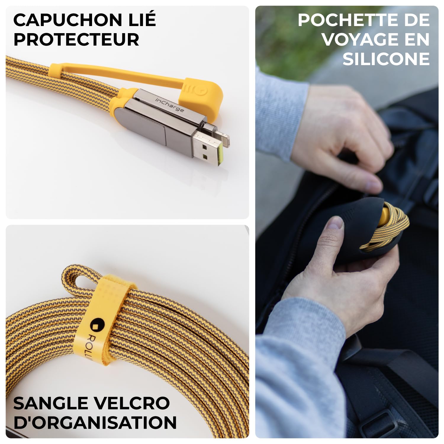 Rolling Square inCharge XL 200cm - Cable Usb c Charge Rapide, 100W - Chargeur Usb c Universel 6 en 1 pour Appareils Mobiles avec Usb c + Cable Lightning et Micro Usb, Idéal comme Cadeau Homme, Jaune