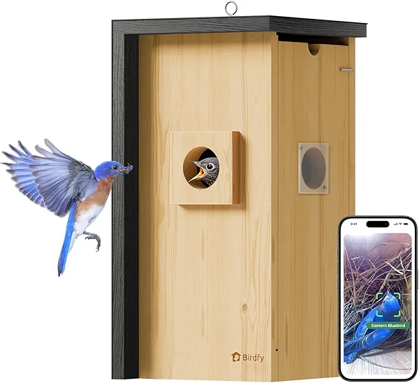 Birdfy Bird House with Camera Inside with Iron Guard, AI Identify & Nest Story, 1080P HD & Night Vision for Bluebird Finch Swallow Wren Chickadee Nesting Watching, Auto Detect & Notify