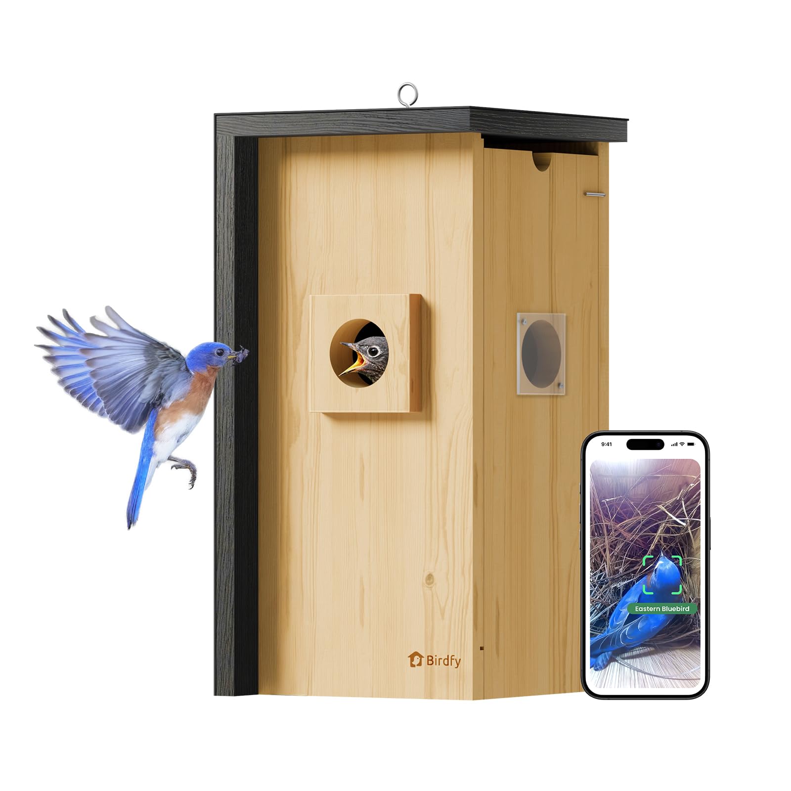 Birdfy Bird House with Camera Inside with Iron Guard, AI Identify & Nest Story, 1080P HD & Night Vision for Bluebird Finch Swallow Wren Chickadee Nesting Watching, Auto Detect & Notify