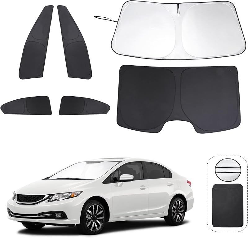 Protetor solar para janelas e para-brisa TINGLU compatível com Honda Civic 2012 a 2015, preto, 6 peças