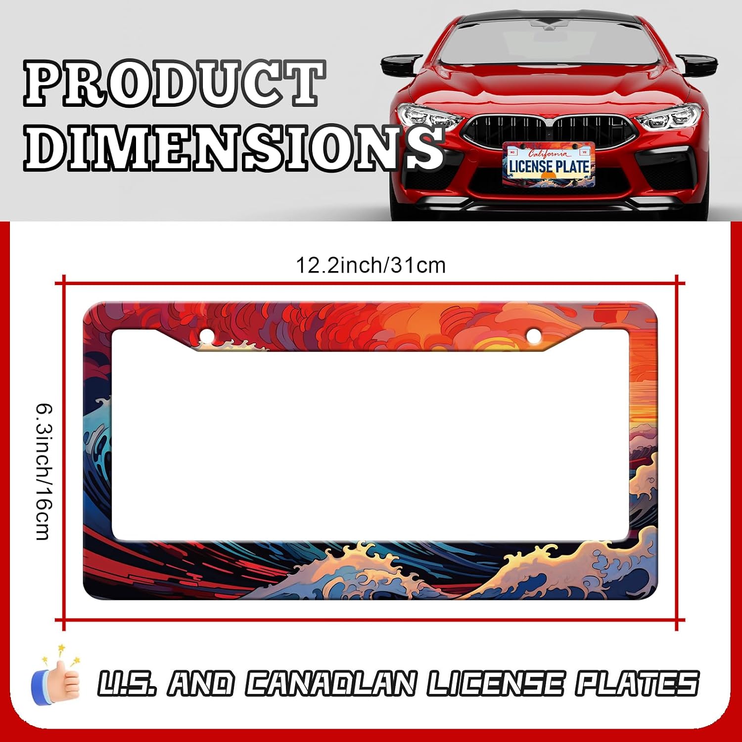Sunset Wave License Plate Frame - 2PCS Sea Wave Aluminium Metal License Plate Holder, Rust-Proof Waterproof Car Decorative Tag Frames image 2