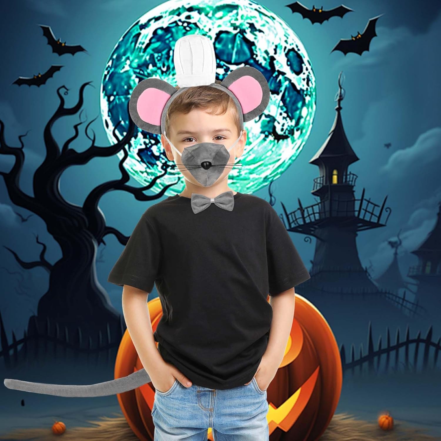 5 Pcs Mouse Costume Set Include Mouse Ears Headband Nose Bowtie Tail and Spoon for Halloween Party Dress Up - Image 7