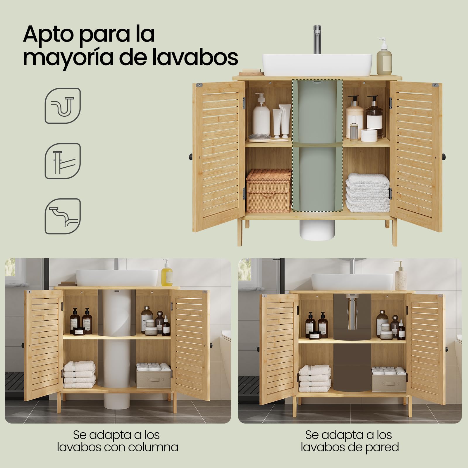 EUGAD Armario Baño Bambú, Mueble Bajo Lavbabo con Recorte Sifón de 20x23 cm, Armario de Pie con Puertas de Rejilla y Estante Ajustable, 60x30x60 cm