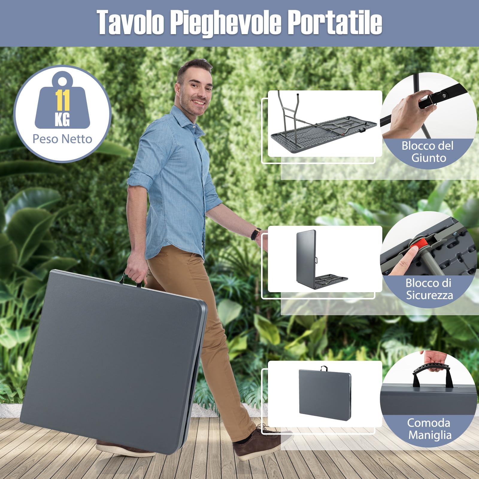 COSTWAY Tavolo Pieghevole Portatile da 180 cm, Tavolo da Campeggio in HDPE, Meccanismo di Blocco Sicuro, Tavolo da Picnic con Maniglia, Portata 160 kg (180 cm,Grigio)