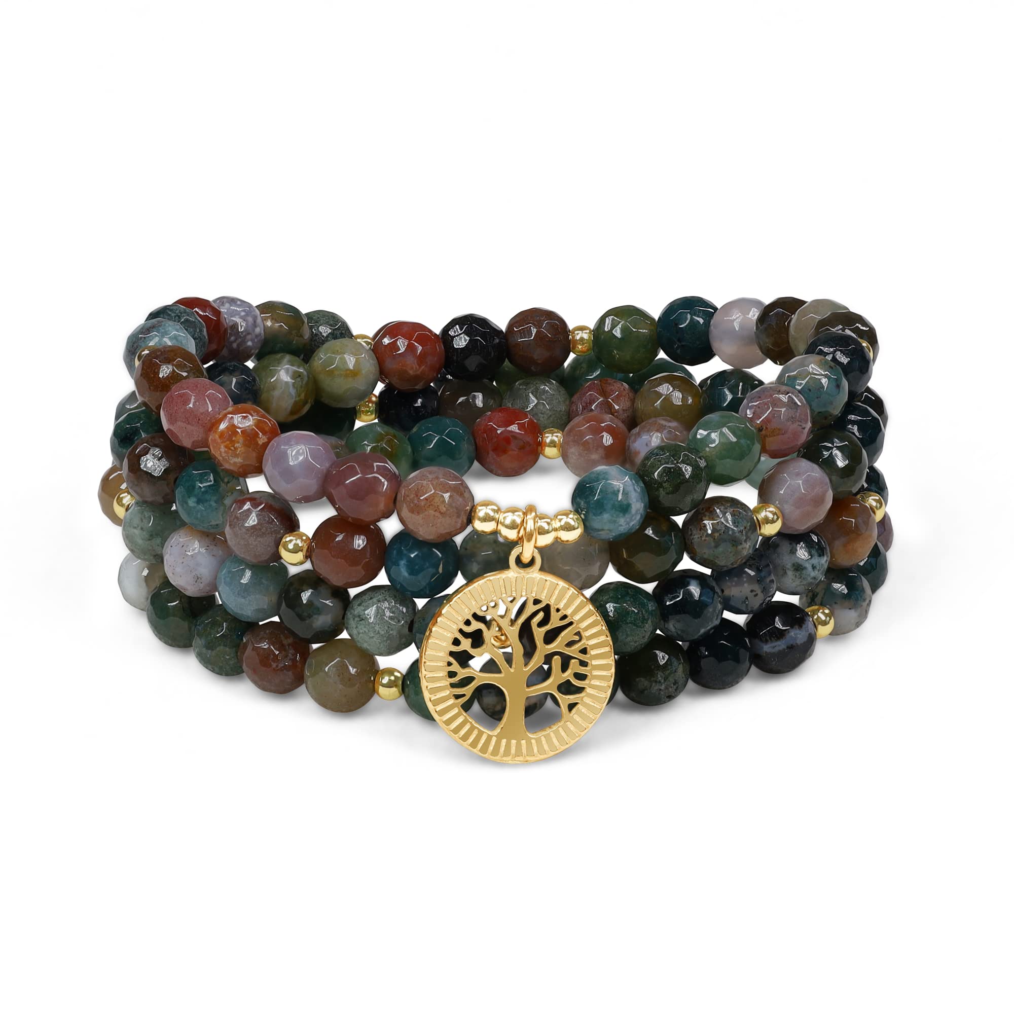 COAI Bracelet Necklace 108 Faceted Hard Stone Mala Beads with Tree of Life Amulet in Stainless Steel, Multilayer Bracelet in Natural Beneficial Stones, Stone, Agate