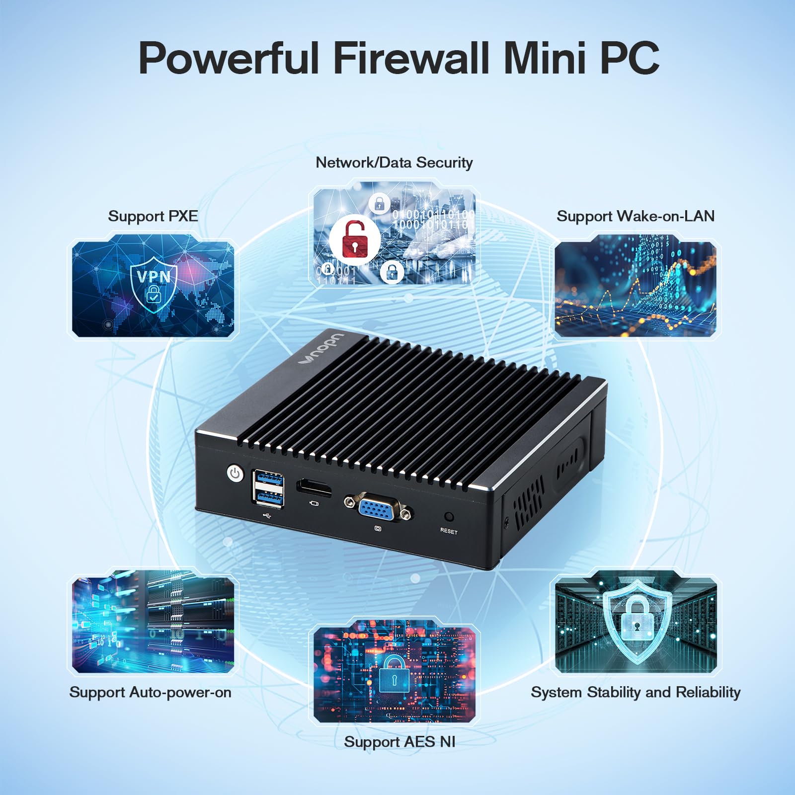 VNOPN Fanless Firewall Appliance Intel J3710 4C/4T, Firewall Mini PC 4 x Intel i226 LAN Ports DDR3 mSATA SSD, Network Gateway Soft Router, Support P-F-Sense AES NI HD/VGA/Wi-Fi (): 8G 128G/ 6LAN