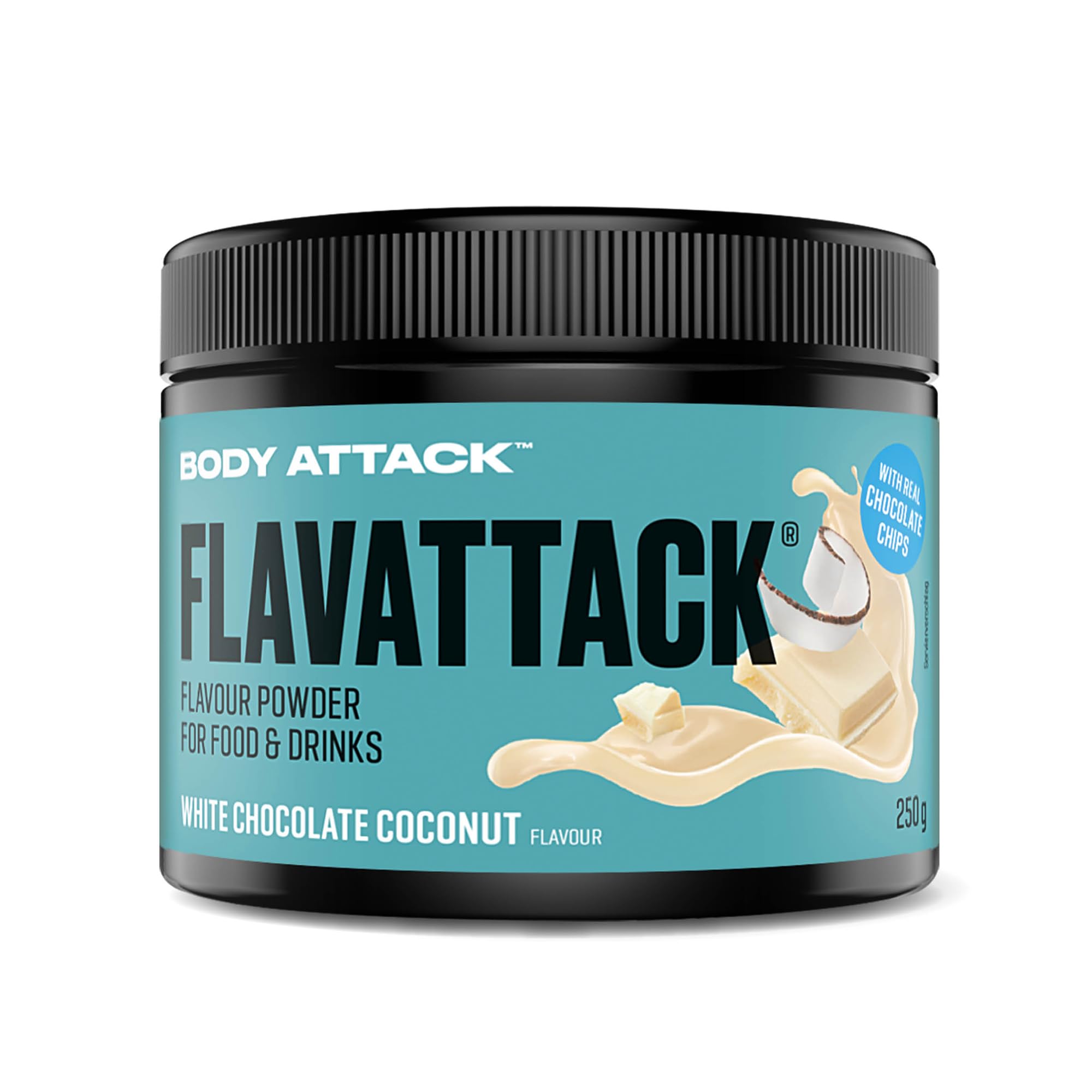 Body Attack Flavattack - White Choc Coconut - 250 g, nur 9 kcal/Portion - Intensives Flavour Pulver für Müsli, Rice Pudding, Haferflocken, Drinks etc. - Geschmackspulver ohne Palmöl, Aspartam, Gluten