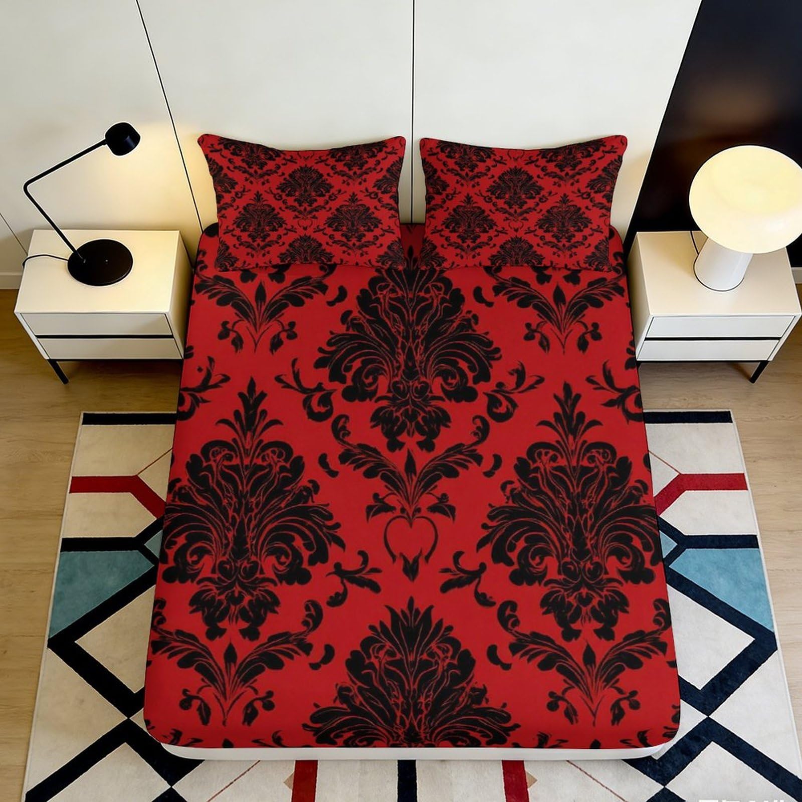 3D Printed Baroque Red Black Fitted Sheet Microfiber Soft Damask Mattress Cover for Bedroom Dorm Easy Care 90x200x25cm