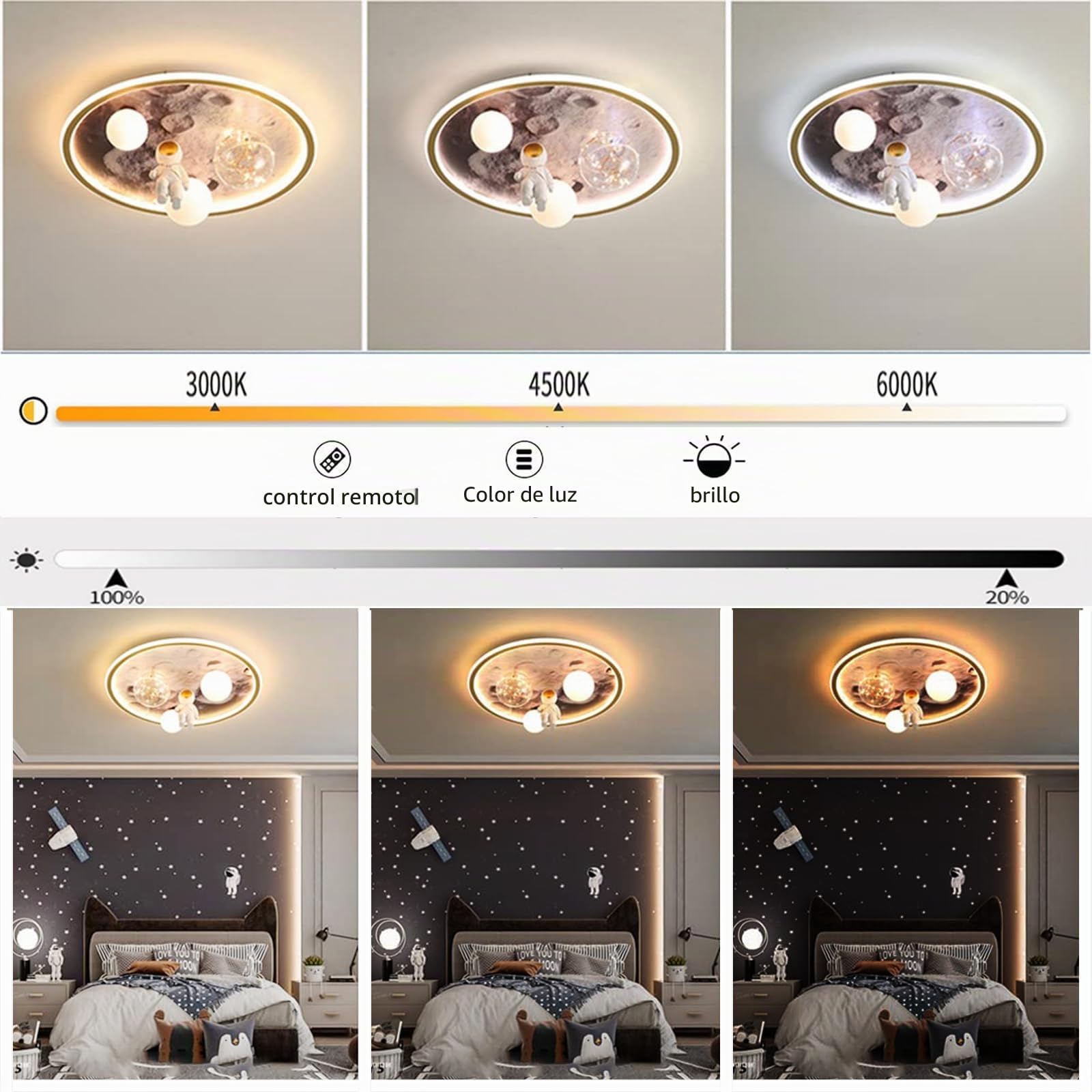 Lampara Techo Infantil, 68W Lámpara de Techo Dormitorio Astronauta Luna, 50CM Plafon LED Regulable con Control Remoto, 3000K/4000K/6000K, para Habitación Infantil/Juvenil Deco
