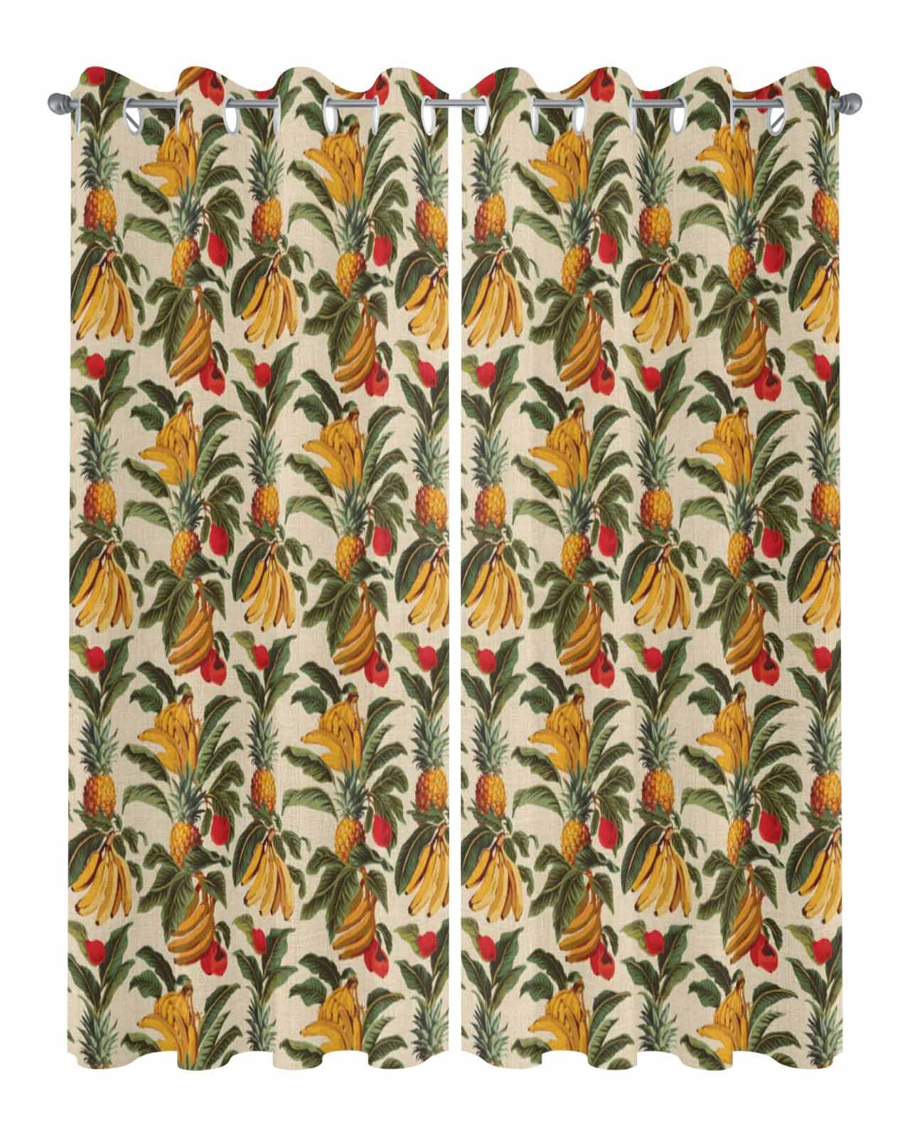 Waterproof Outdoor Curtains for Patio Porch, Golden Banana Tropical Leaves Grommet Curtain Panel Windproof Outside Curtains Tieback, Watercolor Fruit Pineapple Weighted Window Treatment Drapes