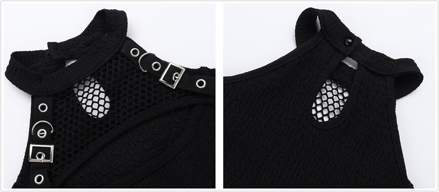 Punk Rock Top T Shirt Women Goth Fishnet Mesh Mock Neck Long Sleeve Cold Shoulder - Image 5