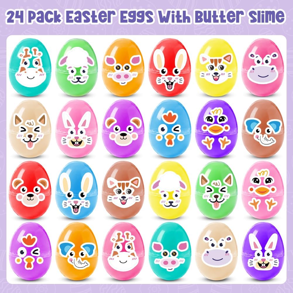 24 Pcs Easter Prefilled Eggs with Slime Toy for Easter Basket Stuffers, Playdough No-Sticky Squeeze Putty Butter Slime Party Favor for Kids