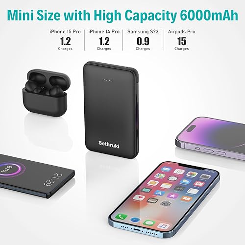 Miniatura 6 de Cargador portátil delgado con cable USB C integrado, cargador de batería de carga rápida de 20 W, batería pequeña y ligera para teléfono de 6000
