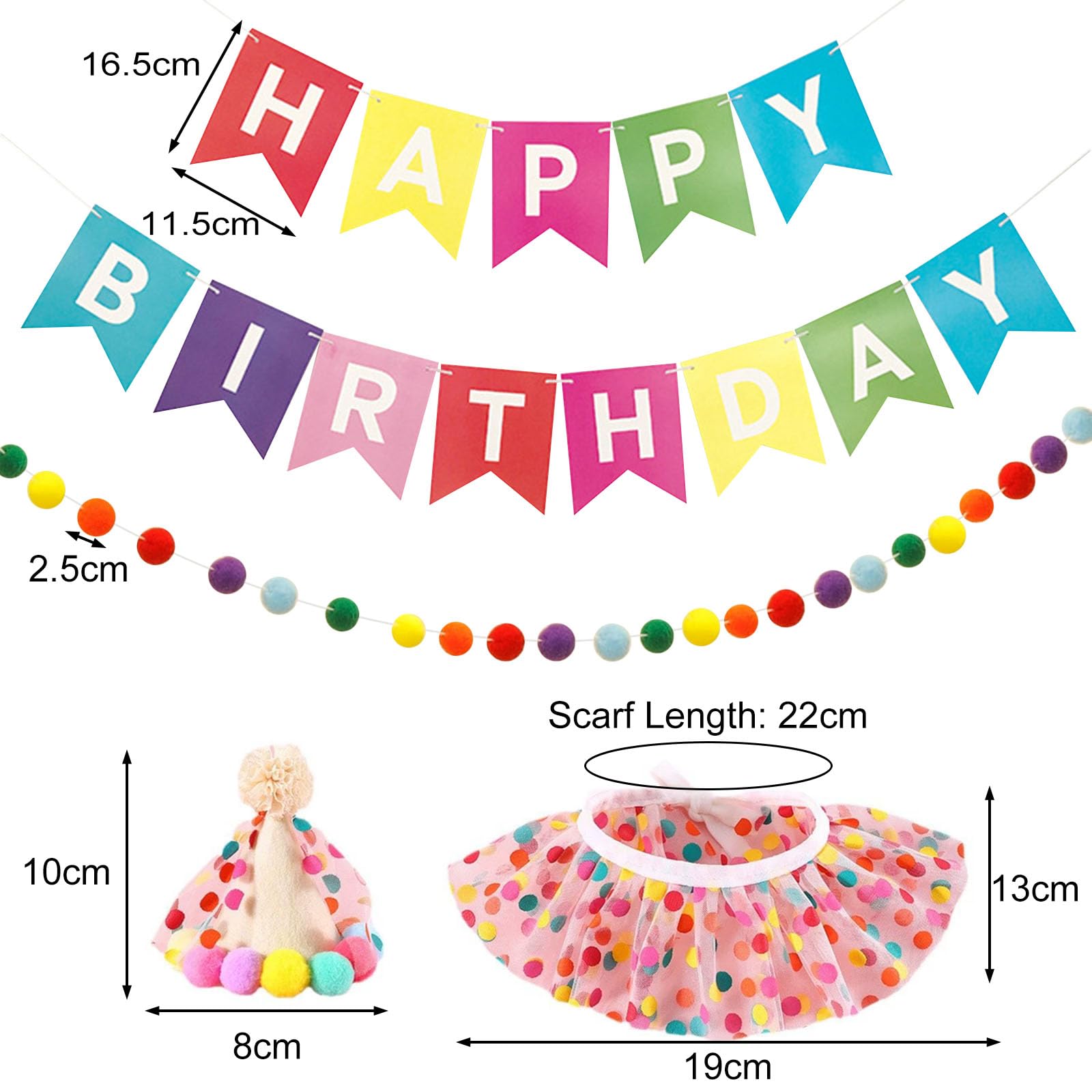 Compleanno Cane Bandana da Festa Set Puntini Colorati Ghirlanda Pompon Striscione Happy Birthday
