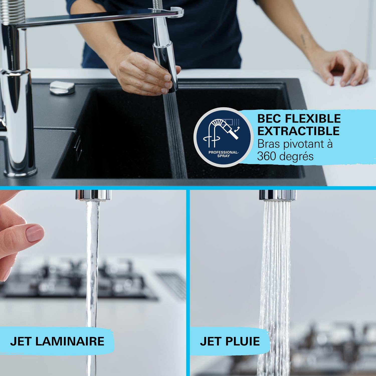 GROHE Mitigeur monocommande 2 jets Robinet évier de cuisine avec douchette extractible Chromé 30361000