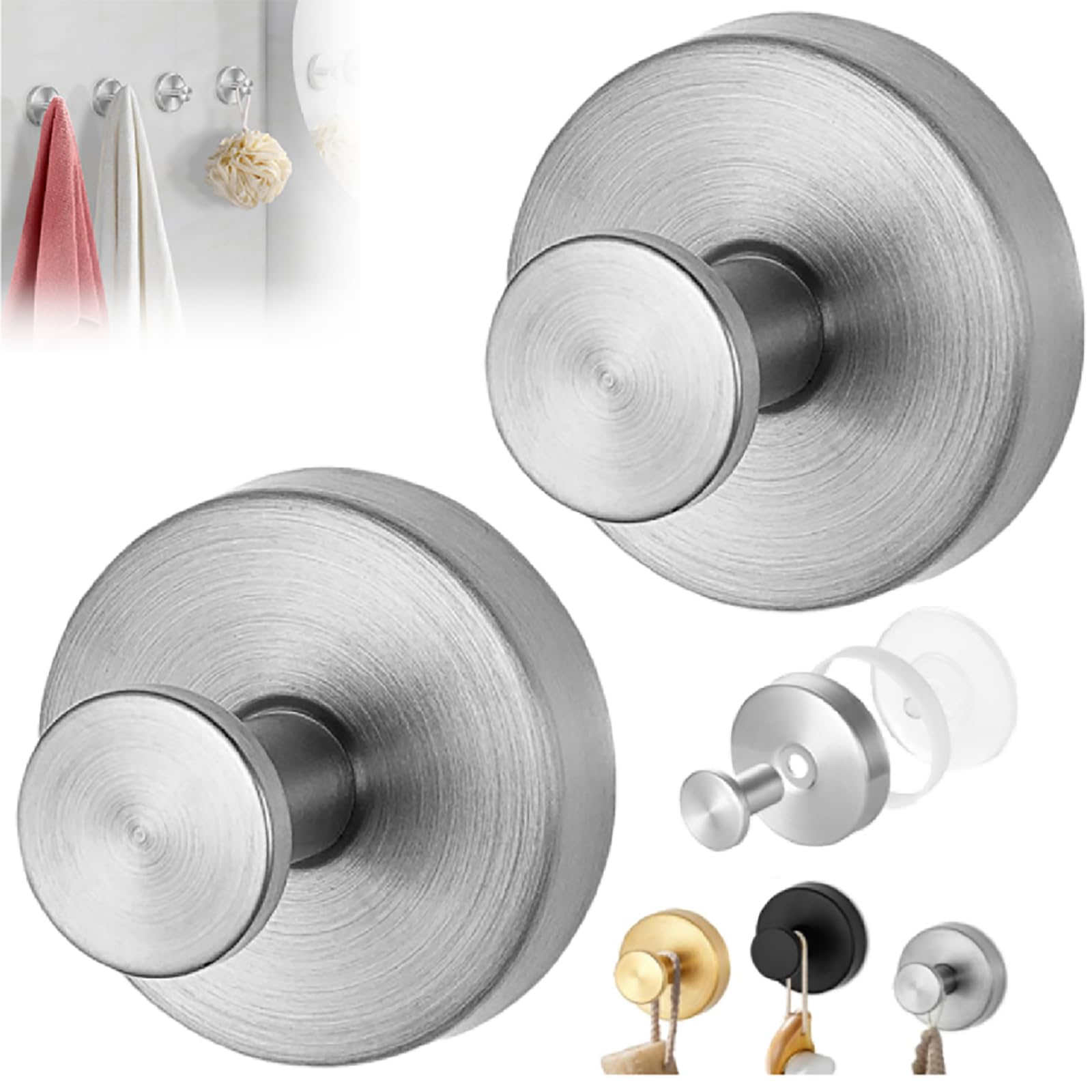 Suction Cup Hooks, 2024 Upgrade No-Drill Hook Stainless Steel Waterproof Suction Cup Hooks for Shower Bathroom Kitchens Hanging Towels Suction Cup Hooks for Showers Home Kitchen (Silver, 2 Pack)