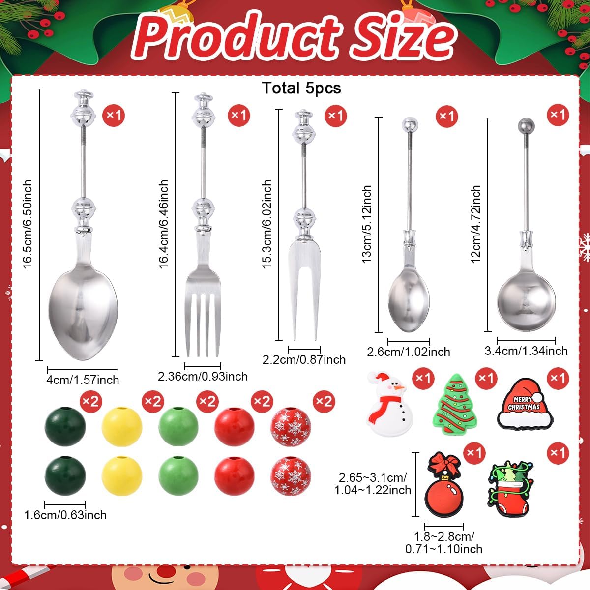 5-Piece Christmas Beadable Cutlery Set, Stainless Steel Forks & Spoons with 15 Decorative Beads for Holiday Party Dining & Decor