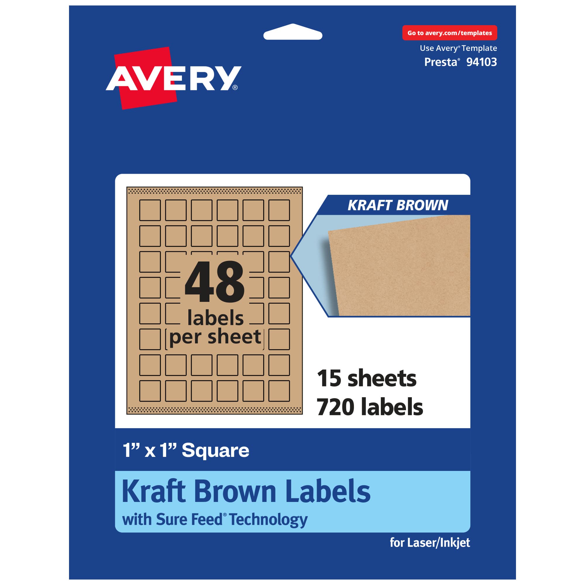 Avery Kraft Brown Square Labels, Sure Feed Technology, 1" x 1", 720 Kraft Brown Labels, Print-to-The-Edge, Laser/Inkjet Printable
