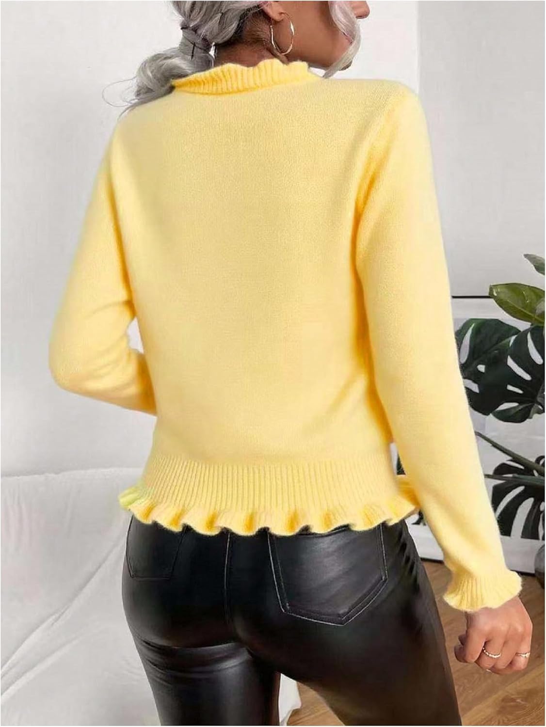 Verdusa Women's Ruffle Trim V Neck Button Down Long Sleeve Knit Cardigan Sweater - Image 2