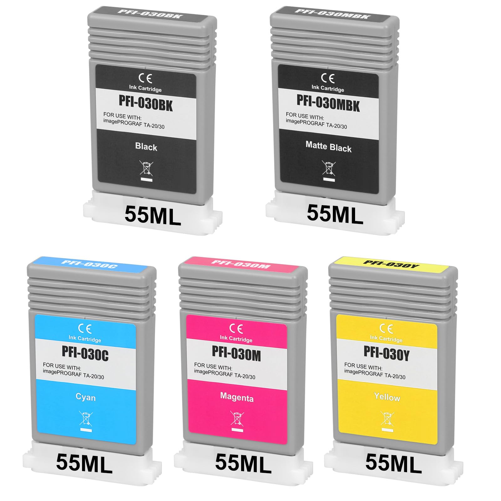 PFI-030 Ink Cartridge (Matte Black Black Cyan Magenta Yellow) | PFI-030MBK PFI-030BK PFI-030C PFI-030M PFI-030Y Replacement for Canon imagePROGRAF TA-20 TA-30 TM-240 TM-340 Printer Ink 55ML