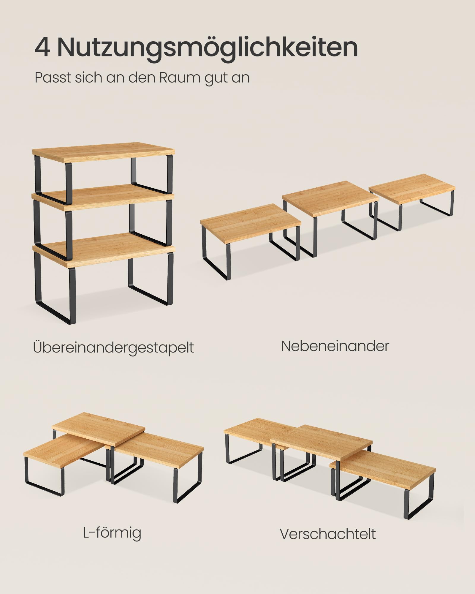 SONGMICS Gewürzregal, 3er Set Küchen-Organizer, Küchenregal, stapelbar, erweiterbar, Metall und Holzwerkstoff, tintenschwarz-naturbeige KCS014YL03