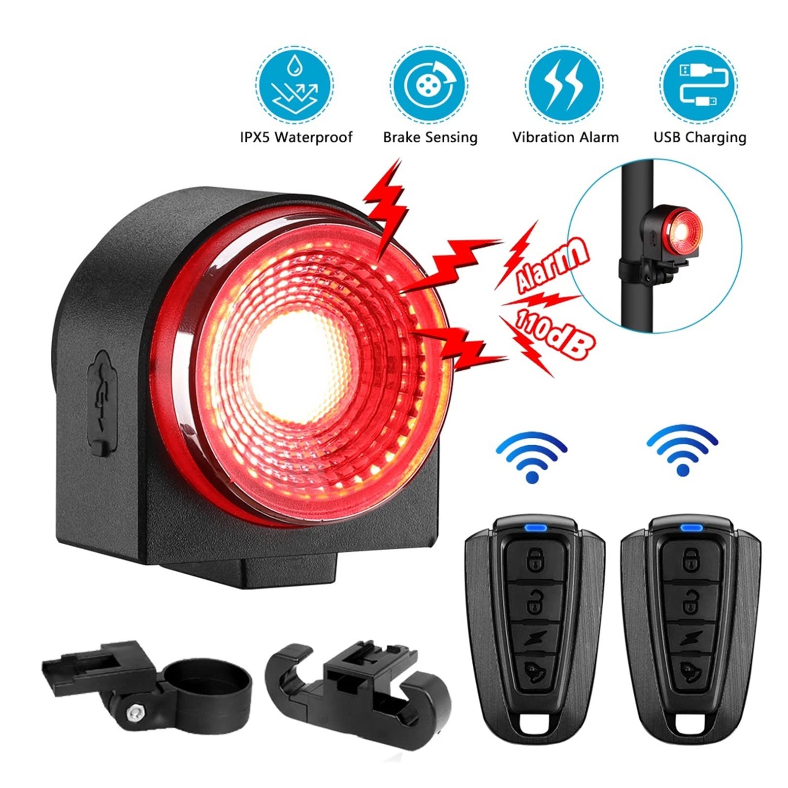 System alarmowy do domu, System alarmowy do domu, 2 w 1 światło tylne roweru alarm rowerowy pilot USB ładowanie włamywacz db IPX5 wodoodporny inteligentny czujnik hamulca do bezpieczeństwa domu i bezp