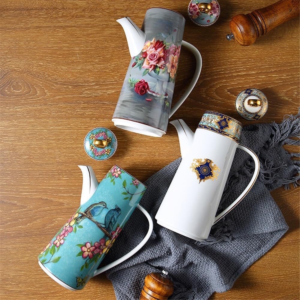 Tea Set Ceramic Teapot With Lid Water Pitcher Kitchen Butter Bottle Flower & Bird Finished Wedding Gifts Party Presents 650ML Teapot Set(Pink)